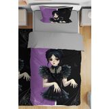EVPANYA Mor Siyah Yarasalı Wednesday Addams Desenli Tek Kişilik Bebek Çocuk Nevresim Takımı