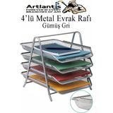 Evrak Rafı Metal 4 lü 1 Paket Masa Üstü A4 Dosya Düzenleyici Kağıt Tepsisi Metal Fileli Dört Katlı Hareketli Perfore Gri