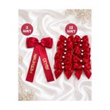 EvremStore Kırmızı Saten Fiyonk Kurdele 15'li Set, Kişiye Özel Gold Baskılı İnci Detaylı Söz Nişan Çeyiz Kolisi Süsleme Gelin Çeyizi