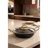 EVREN MUTFAK 22 cm Gold Stone Kapaklı Sahan, Non-Stick Yumurta Omlet Tavası (Çelik Kulp) - Siyah