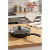 EVREN MUTFAK 24 cm Gold Stone Ezme Seri Kapaklı Granit Tava, Non-Stick 1,5 Lt Kızartma Tavası (Bakalit Kulplu) - Siyah