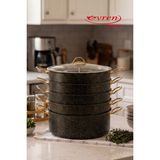 EVREN MUTFAK 6 Parça 28 cm Gold Stone Ezme Seri Granit Buharlı Pişirici, Mantı Tencere Seti 5,9 Lt - Siyah