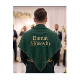 Evsay Nakışlı İsimli Yeşil Şifon Damat Örtüsü Omuz Şalı Gold Nakışlı (Eldivenli)