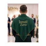 Evsay Nakışlı İsimli Yeşil Şifon Damat Zava Örtüsü Omuz Şalı Gold Nakışlı (Eldivenli)