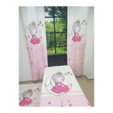 EVSEHOMES Pembe Şeritli Ayda Kız Çocuk Odası Takım (fon Perde- Yatak Örtüsü Ve Yastık - Halı100x160 )