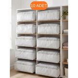 Evsella 10'lu Set - Geometrik Çizgili Büyük Boy Baza Altı & Çekyat Altı Hurç (60 x 40 x 22 Cm) - Beyaz Çizgili