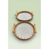 Evsun Home Collection 2'li Sedefli Cam Rattan Tepsi Kahverengi 27cm ve 24 cm