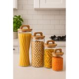 Evsun Home Collection 4' Lü Vakumlu Akasya Ahşap Kapaklı Cam Kavanoz - Erzak/bakliyat Saklama Kabı Seti