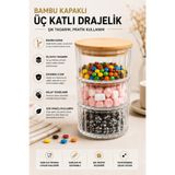 Evsun Home Collection Bambu Kapaklı 3 Katlı Cam Saklama Kabı Drajelik Kurabiyelik Çok Amaçlı