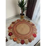 Evvemall Jüt Hasır Yıkanabilir Salon Mutfak Balkon Ve Bahçe Royal Serisi Ponponlu Jüt Kilim Halı 08 - 90 x 90 cm - Renkli