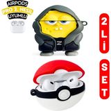 Ewec 2'li Set - Pro 2. Nesil Uyumlu Hoodie Sünger Bob ve Poke Topu Figürlü İkili Kulaklık Kılıfı Seti - Açık Sarı