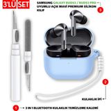 Ewec Samsung Galaxy Buds3 ve Pro Uyumlu Silikon Kılıf Kulaklık İpi ve Temizleme Kalemi Seti - Açık Mavi