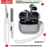 Ewec Samsung Galaxy Buds3 ve Pro Uyumlu Silikon Kılıf Kulaklık İpi ve Temizleme Kalemi Seti - Gri