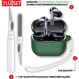 Ewec Samsung Galaxy Buds3 ve Pro Uyumlu Silikon Kılıf Kulaklık İpi ve Temizleme Kalemi Seti - Haki