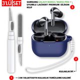 Ewec Samsung Galaxy Buds3 ve Pro Uyumlu Silikon Kılıf Kulaklık İpi ve Temizleme Kalemi Seti - Lacivert