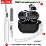 Ewec Samsung Galaxy Buds3 ve Pro Uyumlu Silikon Kılıf Kulaklık İpi ve Temizleme Kalemi Seti - Siyah