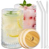 Ework4U Bambu Kapaklı ve Pipetli 2 Adet Buzlu Kahve Bardakları, 14oz Kalın Kabartma Boncuklu İçme Cam Bardak Seti, Latte Bardaklar, Su, Soda, Hediye için İdeal - Temizleme Fırçalı