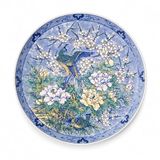 Exclusive Çiçek ve Kuş Desenli Dekoratif Duvar Tabağı, Mavi-Beyaz, Seramik, 16 cm, Şık Ev Dekoru