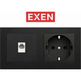 Exen Metalik Siyah Topraklı Priz+Telefon Priz 2'li Set