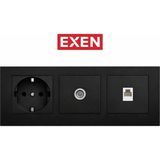 Exen Siyah Topraklı Priz + Uydu + Telefon Prizi Seti Mekanizma + Çerçeve Sıva Altı