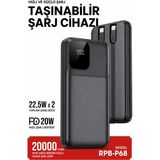 Exenar 20000MAH Powerbank 22.5W Hızlı Şarj Type-C Pd 20W Lightning Kablo Şarj Göstergeli Reccı RPB-P68 - Siyah