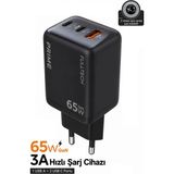 Exenar 65W Gan Hızlı Şarj Adaptörü 2 Usb-C+1 Usb-A Pd Pps Çoklu Telefon Tablet Uyumlu Seyahat Şarj Cihazı - Siyah