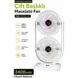 Exenar Çift Başlıklı Masaüstü Fan Brushless Motor 10W Güçlü Vantilatör Ayarlanabilir Başlık 2400 Mah Şarjlı - Beyaz