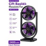 Exenar Çift Başlıklı Masaüstü Fan Brushless Motor 10W Güçlü Vantilatör Ayarlanabilir Başlık 2400 Mah Şarjlı - Siyah