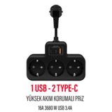 EXENAR Çoklu Kablolu Priz -Priz Çoğaltıcı-Priz Dönüştürücü 1USB - 2Type-C Girişli Yüksek Akım Korumalı Fiş