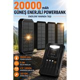 Exenar Güneş Enerjili Powerbank 4 Solar Panel Taşınabilir Şarj Cihazı Kendinden Kablolu LED Fenerli 20000MAH - Siyah