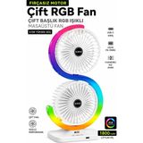 Exenar Şarjlı Vantilatör Masaüstü Fırçasız Motor Çift Başlıklı Fan 5 Kademe Rgb LED Işıklı Vantilatör 1800 Mah Şarjlı - Beyaz