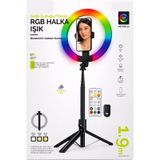 Exenar - Siyah - Rgb Halka Işık Uzun Tripod Selfie Çubuğu 1.9m-1200 Mah Şarjlı Kumandalı Ring Light Telefon Tutucu siyah
