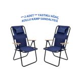 Exent 2' Li Yastikli Yuksek Sirtli Katlanir Buyuk Boy Kamp Piknik Sandalyesi, Agac Kollu-Lacıvert
