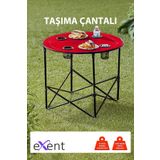 Exent Yuvarlak Katlanır Kamp Masası, Taşıma çantalı kamp masası, Piknik masası-KIRMIZI-71x71x60