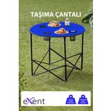 Exent Yuvarlak Katlanır Kamp Masası, Taşıma çantalı kamp masası, Piknik masası-MAVİ-71x71x60