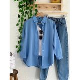 Exit Collection Kadın Abs Boyfriend Uzun Basic Mavi Tesettür Gömlek - 2XL
