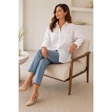 Exit Collection Kadın Beyaz Pamuklu Keten Gömlek - Oversize Salaş Uzun Kollu Cepli Kadın Tesettür Gömlek Overshirt - Standart