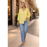 Exit Collection Kadın Sarı Pamuklu Keten Gömlek - Oversize Salaş Uzun Kollu Cepli Kadın Tesettür Gömlek Overshirt - Standart