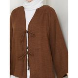 Exit Collection Kadın Tesettür Keten Önü Bağlamalı 2 Bağcıklı Modern Şık Etek Üsttü Kahverengi Kimono Gömlek - 2XL - Çikolata Kahve