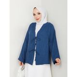 Exit Collection Kadın Tesettür Keten Önü Bağlamalı 2 Bağcıklı Modern Şık Etek Üsttü Petrol Mavisi Kimono Gömlek - Standart