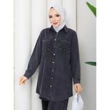 Exit Collection Kadın Tesettür Kot Takım Önü Düğme Cep Detaylı Ceket Tunik Boy Pantolon Takım - 38 - Siyah