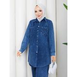 Exit Collection Kadın Tesettür Kot Takım Önü Düğme Cep Detaylı Ceket Tunik Boy Pantolon Takım - 46 - Lacivert