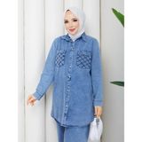 Exit Collection Kadın Tesettür Kot Takım Önü Düğme Cep Detaylı Ceket Tunik Boy Pantolon Takım - 46 - Mavi