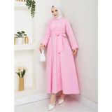Exit Collection Kadın Tesettür Pembe Sabit Kuşaklı Modern Şık Uzun Gece Elbise Kıyafet - 42 - Açık Pembe