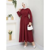 Exit Collection Kadın Tesettür Terikoton Bordo Sabit Şık ve Rahat Kesim Sabit Kuşaklı Uzun Elbise Kıyafet - 42