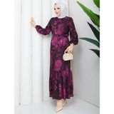 Exit Collection Kadın Uzun Tesettür Şık Elbise - Kemerli Cesika Kumaş Baskı Desenli Tesettür Elbise Uzun Kollu 140CM Uzunluğunda - 46 - 48 - Bordo