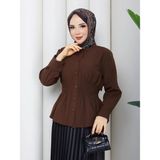 Exit Collection Terikoton Kumaş - Beli Korseli Korse Destekli - Kadın Tesettür Gömlek - 38 - 40 - Kahverengi