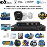 Exitcam 10 Kameralı 5 Mp Ip Poe Güvenlik Kamera Sistemi – 20 İnç Monitör, 1 Tb Hdd, 200 Metre Kablo, Sesli Ve Gece Renkli
