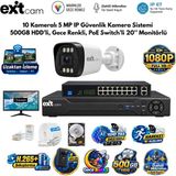 ExitCam 10 Kameralı 5 MP IP PoE Güvenlik Kamera Sistemi – 20 İnç Monitör, 500 GB HDD, 100 Metre Kablo, Sesli ve Gece Renkli