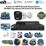 Exitcam 11 Kameralı 5 Mp Ip Poe Güvenlik Kamera Sistemi – 20 İnç Monitör, 1 Tb Hdd, 200 Metre Kablo, Sesli Ve Gece Renkli